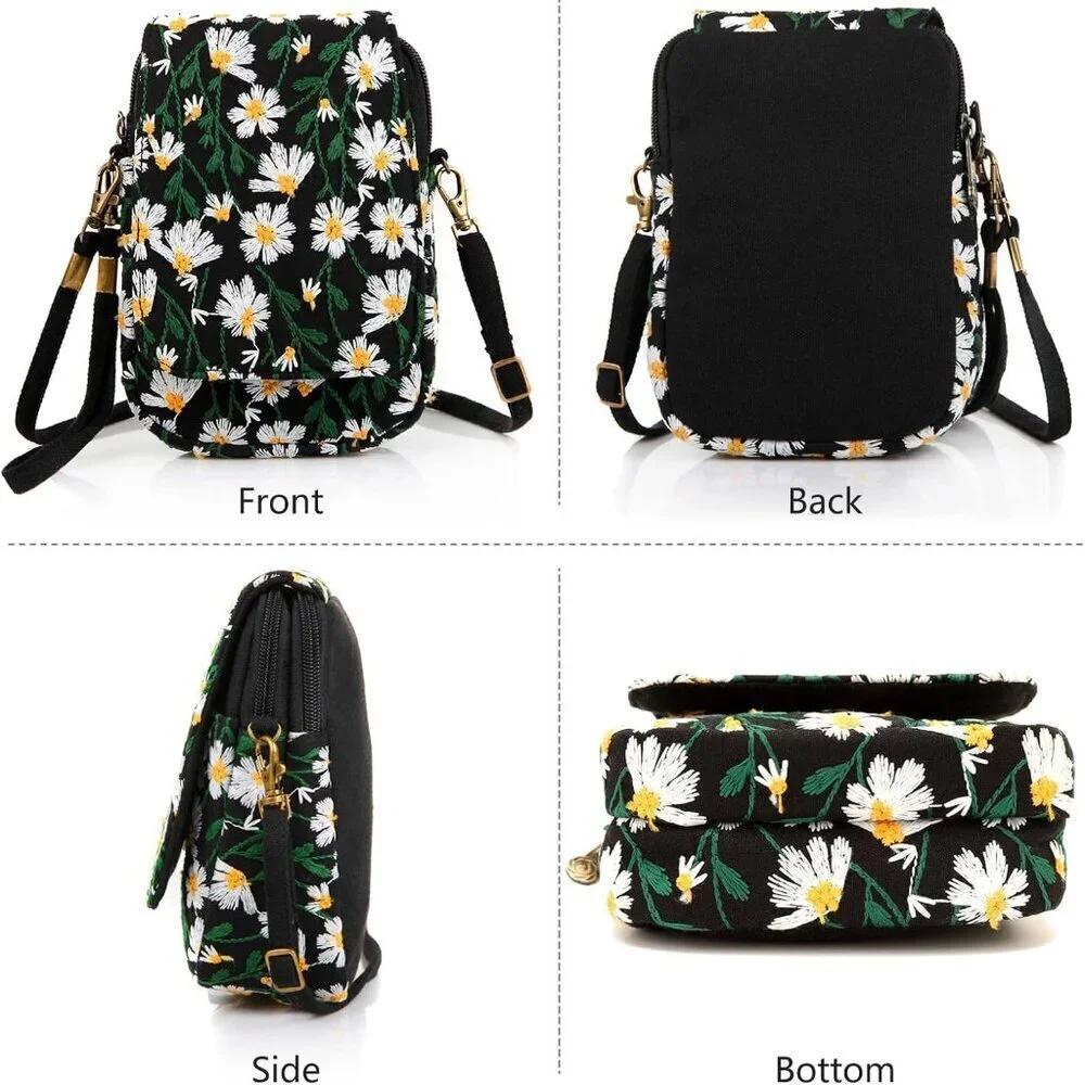 Embroidered Canvas Mini Crossbody Bag for Women Small Wallet Pouch Travel